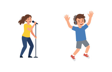 Fototapeta premium Happy Girl Singing into a Microphone and Boy Listening to Music with Headphones Enjoying Leisure