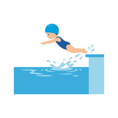 Obraz premium Child Jumping Into Swimming Pool Flat Vector Illustration for Summer Aquatic Sport Activity