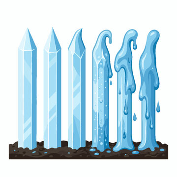 Cartoon illustration showing the melting process of blue ice pillars into liquid water on dark ground.