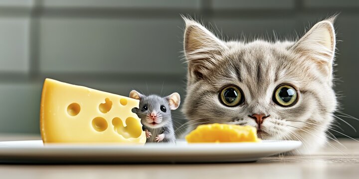 Grey cat watches a mouse gnawing on a cheese in surprise, AI generated