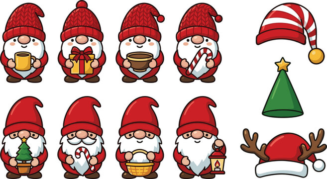 Cute Christmas Gnome Character Vector Icon Set with Festive Hats Presents Candy Canes Lanterns and Reindeer Antlers for Holiday Graphic Designs