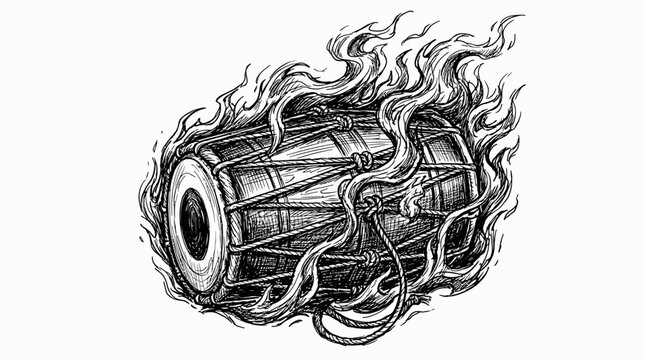 Fiery Dhol Drum Illustration - Traditional Indian Percussion Instrument Ablaze