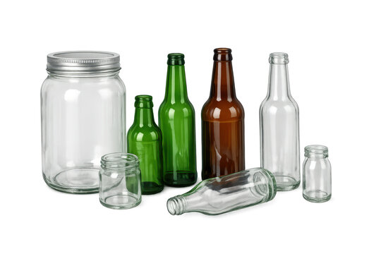 Assortment of empty glass bottles and jars on black background