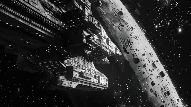 Spaceship hull moves past the cratered surface of a moon in this dramatic black and white space composition.