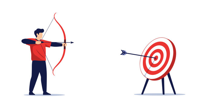 Skilled archer in a red shirt aiming his bow and arrow at a distant bullseye target to practice his precision and concentration.