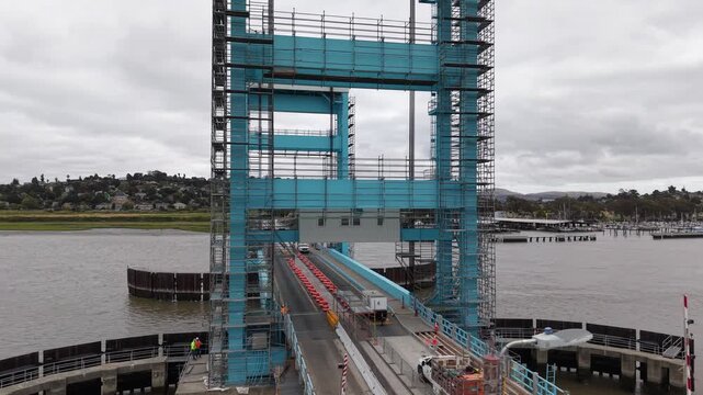 Aerial of the Mare Island Vertical-Lift Bridge and Causeway Over the Strait 4K