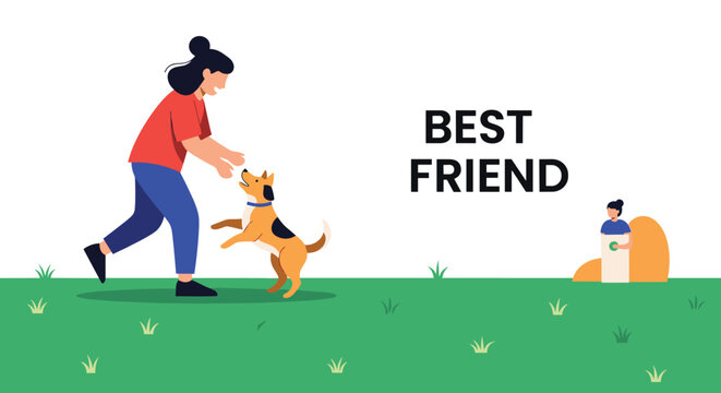 Young girl playing with her happy pet dog on green grass in a park with best friend text in the background of the image.