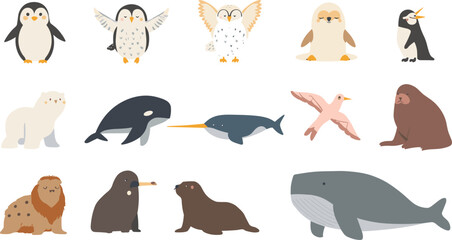 Cute Arctic and Antarctic Polar Animal Vector Character Set with Cartoon Penguin Owl Whale Narwhal Seal and Walrus Icons for Children Illustration © rumi
