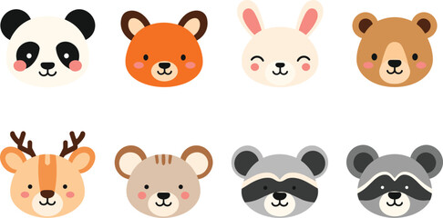 Obraz premium Cute Baby Animal Avatar Set Featuring Happy Panda, Bear, Fox, Rabbit, Deer, and Raccoon Faces for Kids Nursery App and Card Graphic Design Vector Illustration