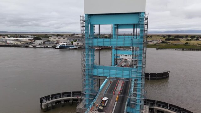 Aerial of the Vertical-Lift Bridge, Marina and Strait at Vallejo California 4K