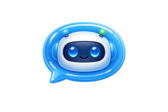 Smiling blue robot chat icon inside glossy speech bubble