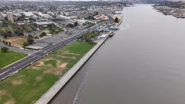 Aerial of the Vallejo Waterfront Promenade and Mare Island Strait, California 4K