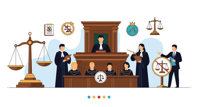 Judicial system scene features a presiding judge and legal team in a courtroom accompanied by symbolic scales of justice and law icons.