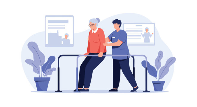 Dedicated medical professional assists an elderly woman during her physical therapy session on parallel bars in a clinic.