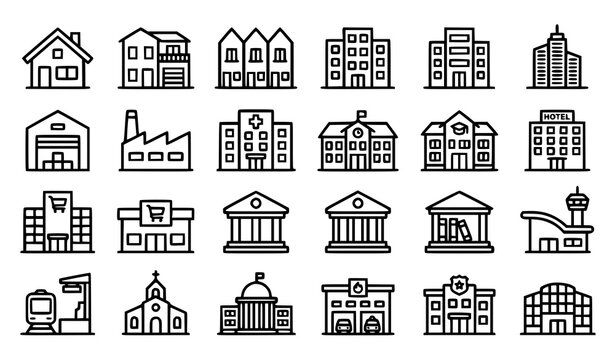 Architecture and Building Outline Icons Set with Urban Residential and Commercial Structures