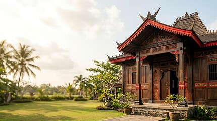 Obraz premium Traditional wooden balinese villa in a lush tropical garden