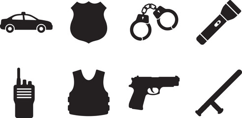 Law Enforcement and Police Equipment Silhouette Icons Collection Set © Moslema