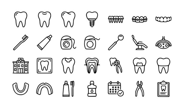 Dental and Oral Healthcare Outline Icons Set with Tooth Treatment Symbols