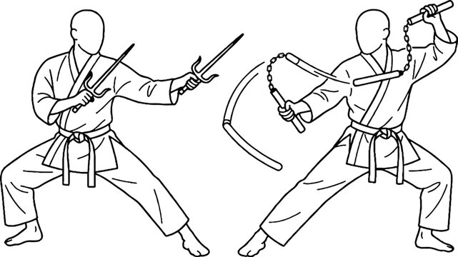 Two martial artists practicing sword fighting techniques.