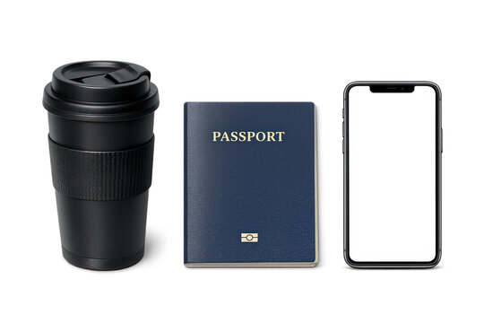 Passport smartphone and reusable travel coffee cup