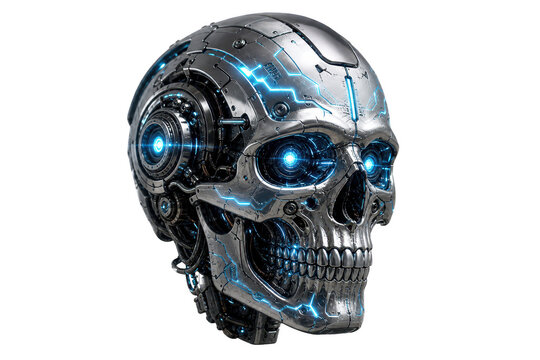 Chrome Cybernetic Skull with Blue Glowing Circuitry