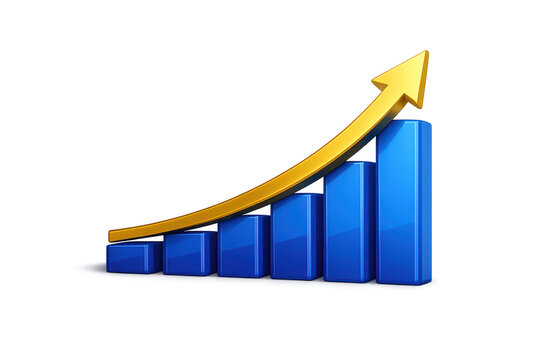 Gold Arrow Rising Over Blue 3D Bar Chart