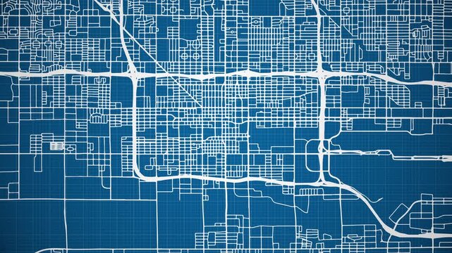 Ink reveal animation of Phoenix city, Arizona (AZ), United States of America, grid map. Aerial top view. Blueprint style. White lines with blue background. 4K Seamless loop.
