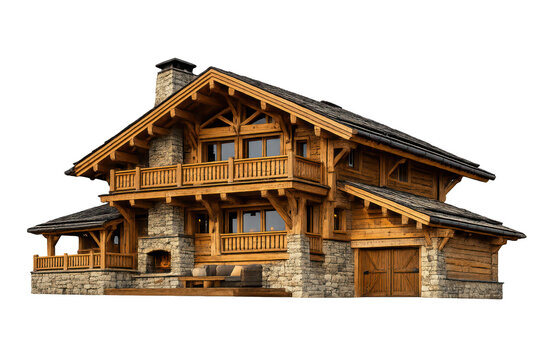 Rustic Timber Chalet With Stone Chimney and Balcony