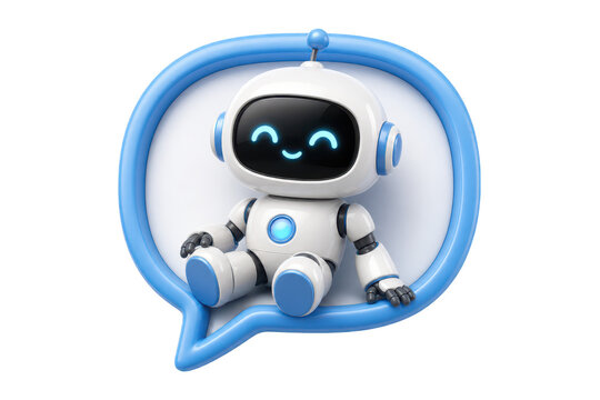 Smiling white and blue robot inside chat bubble