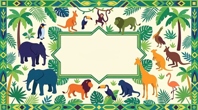 Colorful jungle animals surrounding a central decorative text frame
