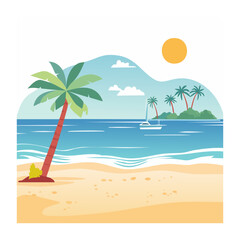 Obraz premium Tropical beach illustration with palm trees and sailboat
