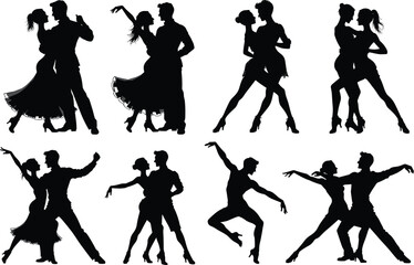 Obraz premium Collection of ballroom dance couple silhouettes in elegant poses, romantic Latin and tango dancers isolated on white background, professional performance vector set