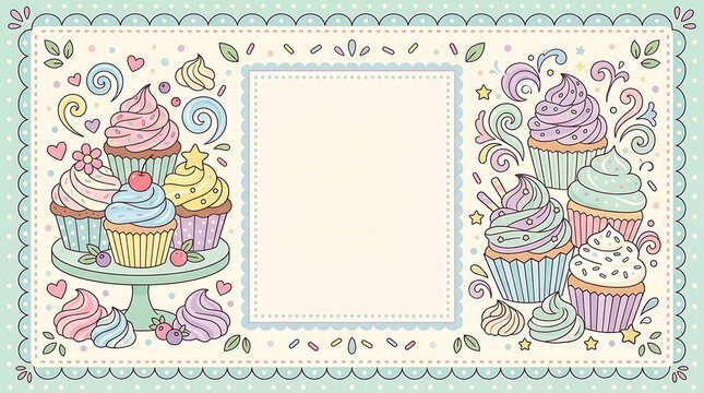 Pastel cupcake frame with sweet dessert doodles and central blank space