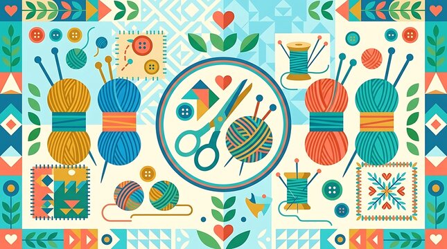Colorful needlework and knitting supplies in geometric folk patterns