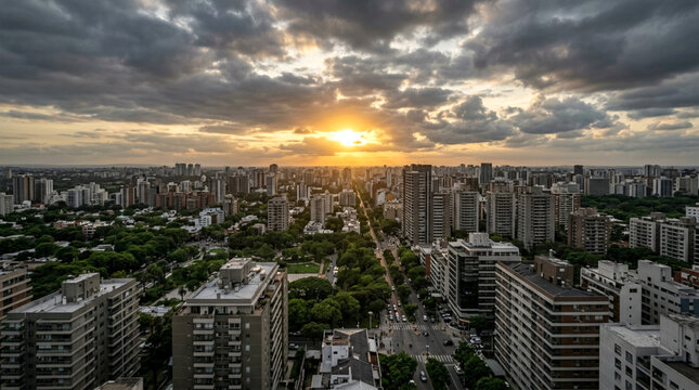 Aerial view of a dense city skyline during a dramatic sunset with golden light breaking through heavy clouds over urban residential buildings