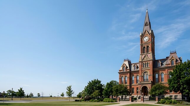 Historic victorian red brick building with tall clock tower