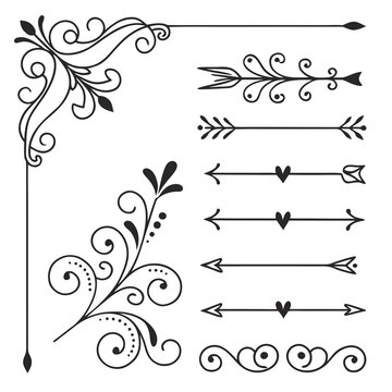 Decorative floral corner frames and arrow dividers.