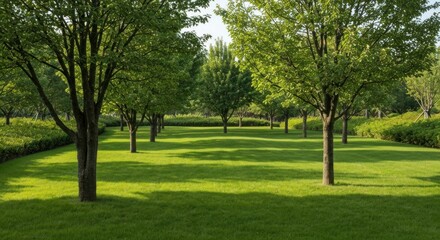 Fototapeta premium Lush green lawn shadowed by rows of trees in a well-maintained park