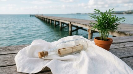 Obraz premium Serene Coastal Scene with Wooden Pier and Relaxing Spa Setup on Deck.