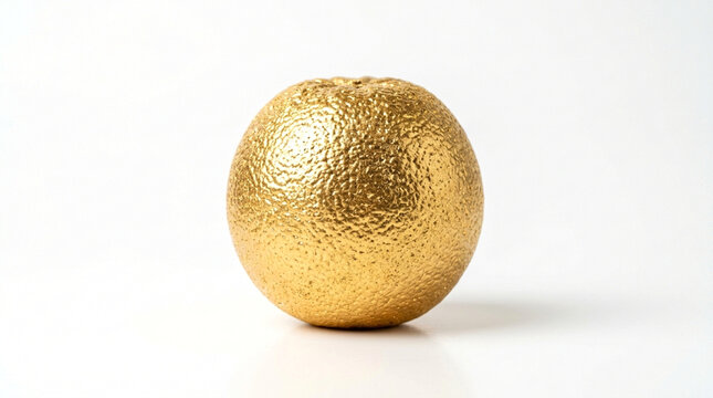 A single orange fruit painted in metallic gold color isolated on white background
