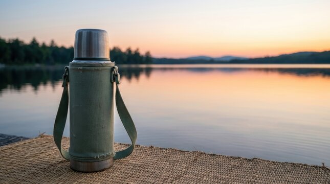 Thermos Bottle on Riverside Dock During Sunset Scenic View.