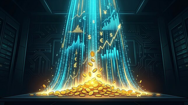 Futuristic digital financial data stream rising from gold coins