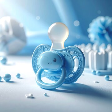 A blue baby pacifier with a smiling face sits on a light blue surface surrounded by small white and blue objects