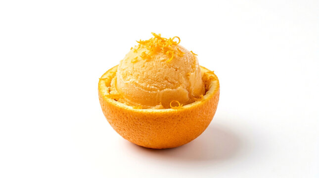 A scoop of orange sorbet served inside a hollowedout orange half, garnished with fresh orange zest, isolated on white background