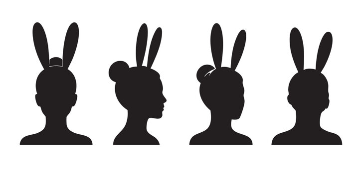 Black Silhouette Vector Set of Bunny Ear Head and Rabbit Hat Avatars