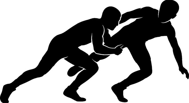Silhouette of two wrestlers in intense match action.