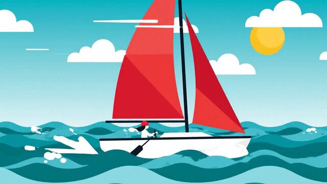 Red Sailboat Glides Across Blue Ocean Waves