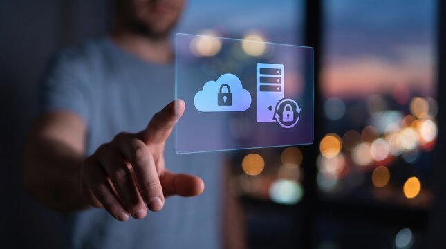 Data Security, Cloud Computing, and Network Privacy Concept: Floating Holographic Dashboard with Encrypted Cloud, Secure Server, and Data-Lock Loop above Blurred Hand