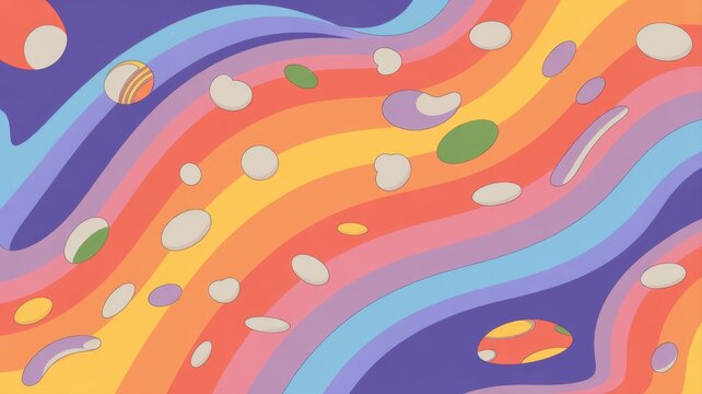 Abstract colorful cartoon background with wavy lines and floating circular shapes
