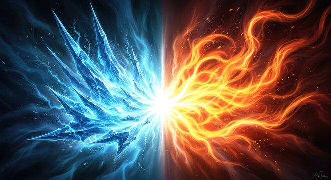 Vibrant clash of ice and fire energy bursting forth